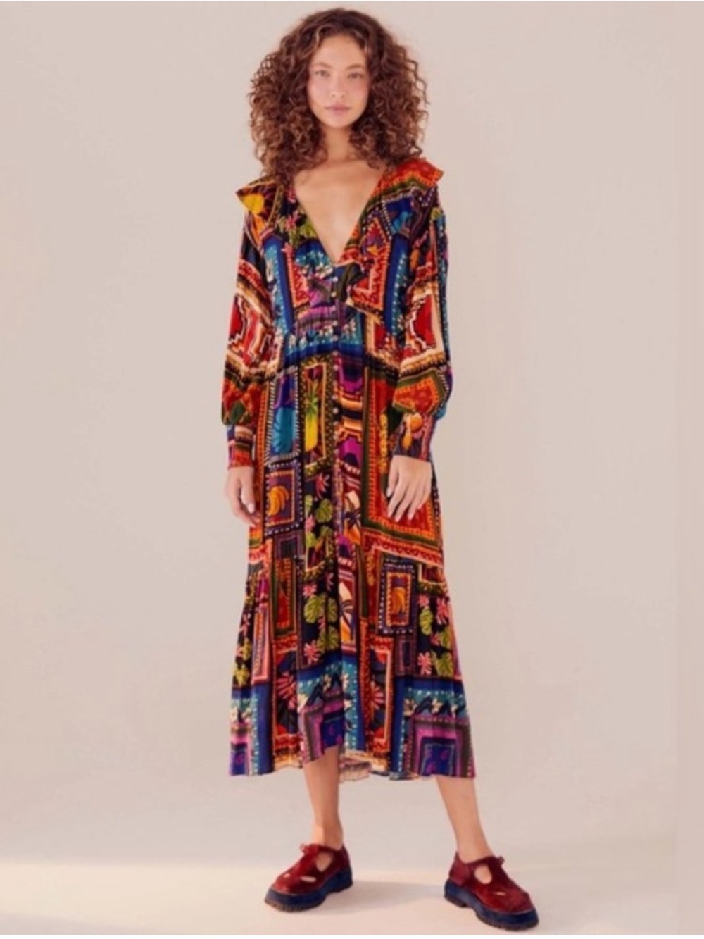 Farm Rio Patchwork Tapestry Ankle Maxi Dress Size L Ruffle Boho - Picture 1 of 16